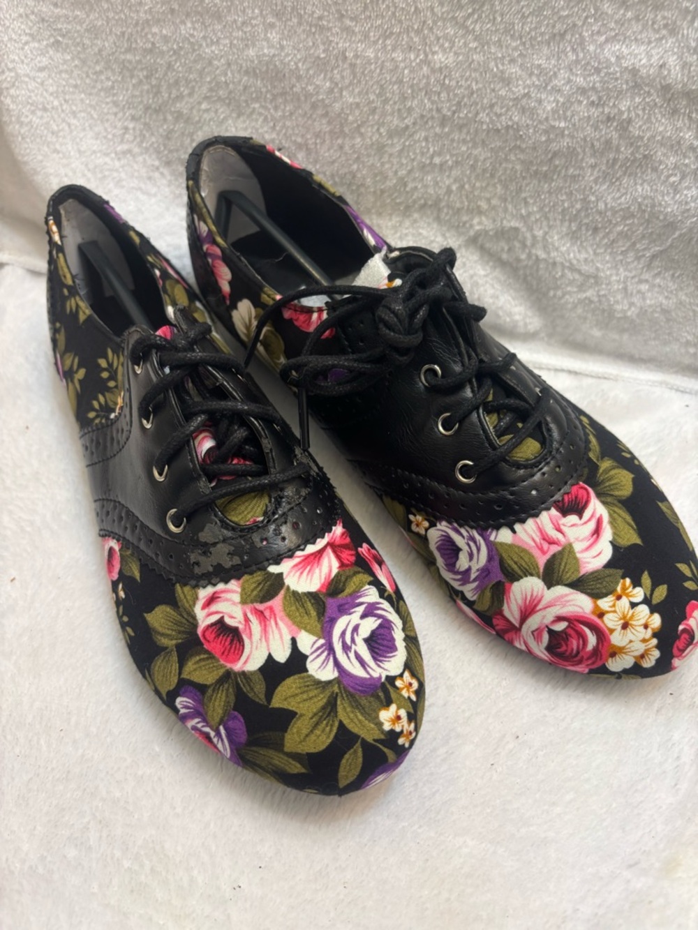 Kali Black Floral Lace-Up Flats